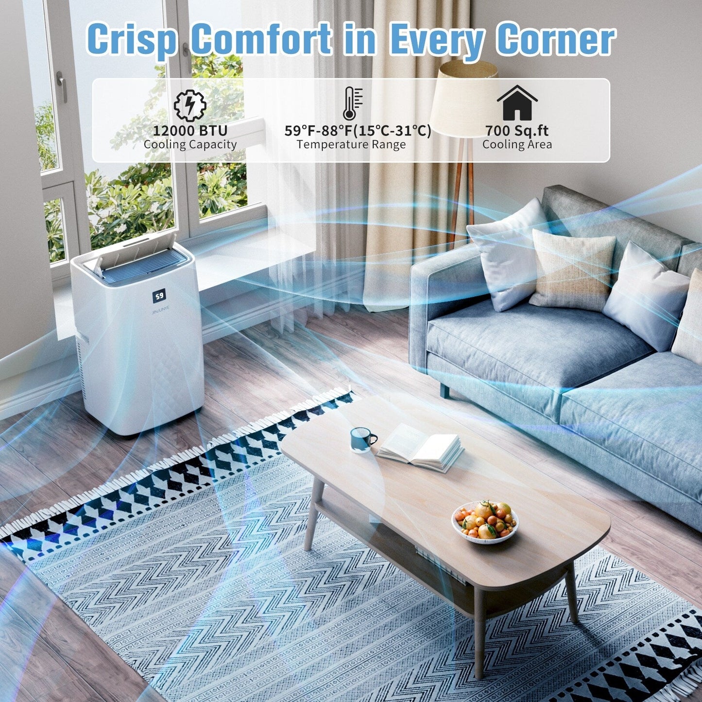 Climatiseur portable avec chauffage – 12000 BTU de refroidissement et 10000 BTU de chauffage pour les pièces jusqu'à 700 pieds carrés.