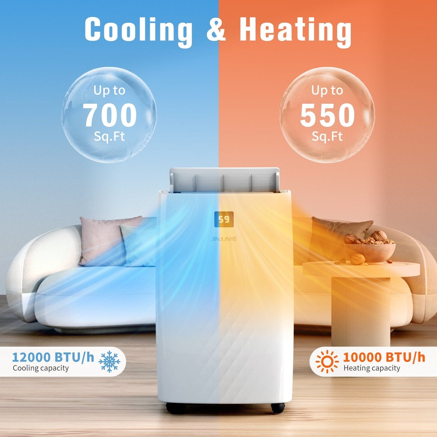 Climatiseur portable avec chauffage – 12000 BTU de refroidissement et 10000 BTU de chauffage pour les pièces jusqu'à 700 pieds carrés.