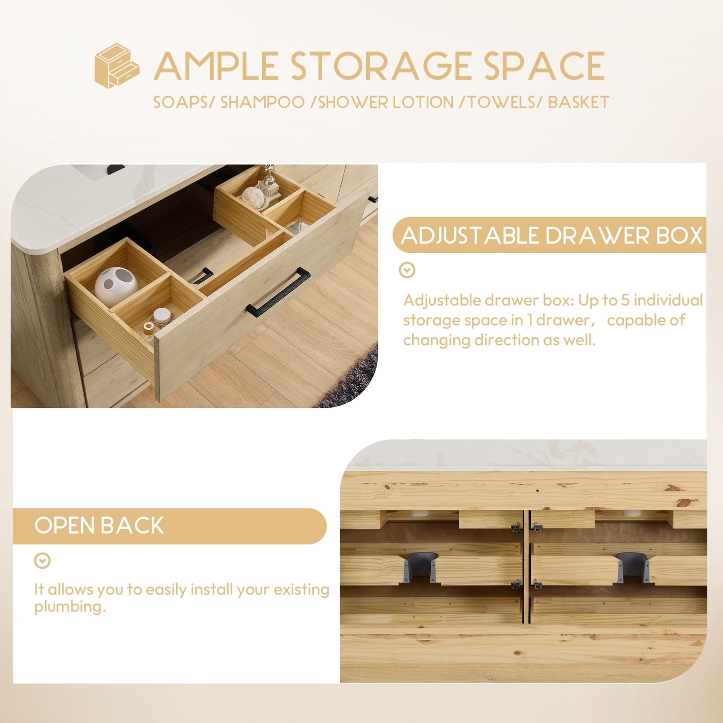 Meuble-lavabo Porto avec plan de travail en pierre de quartz blanche, sans miroir.