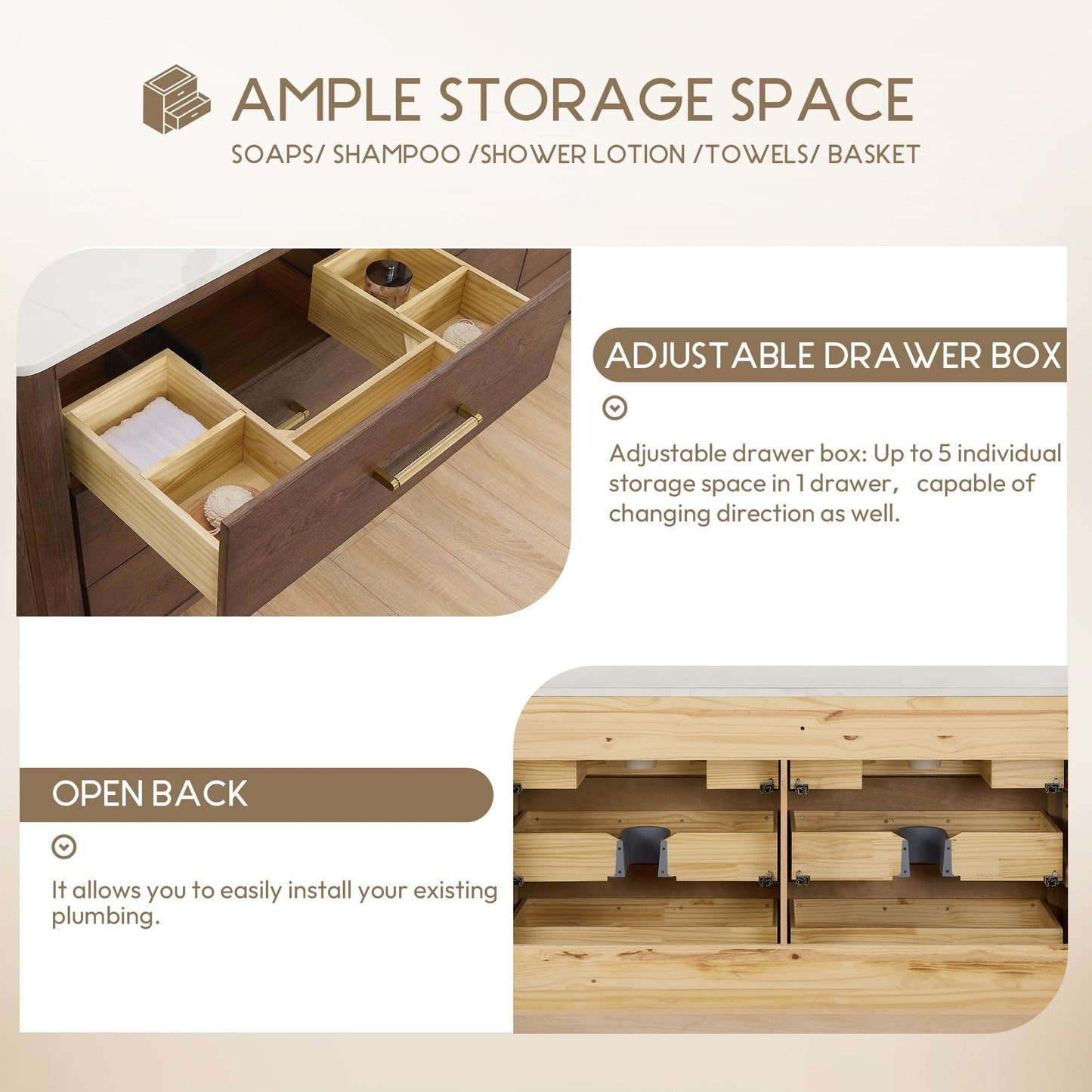 Meuble-lavabo Porto avec plan de travail en pierre de quartz blanche, sans miroir.