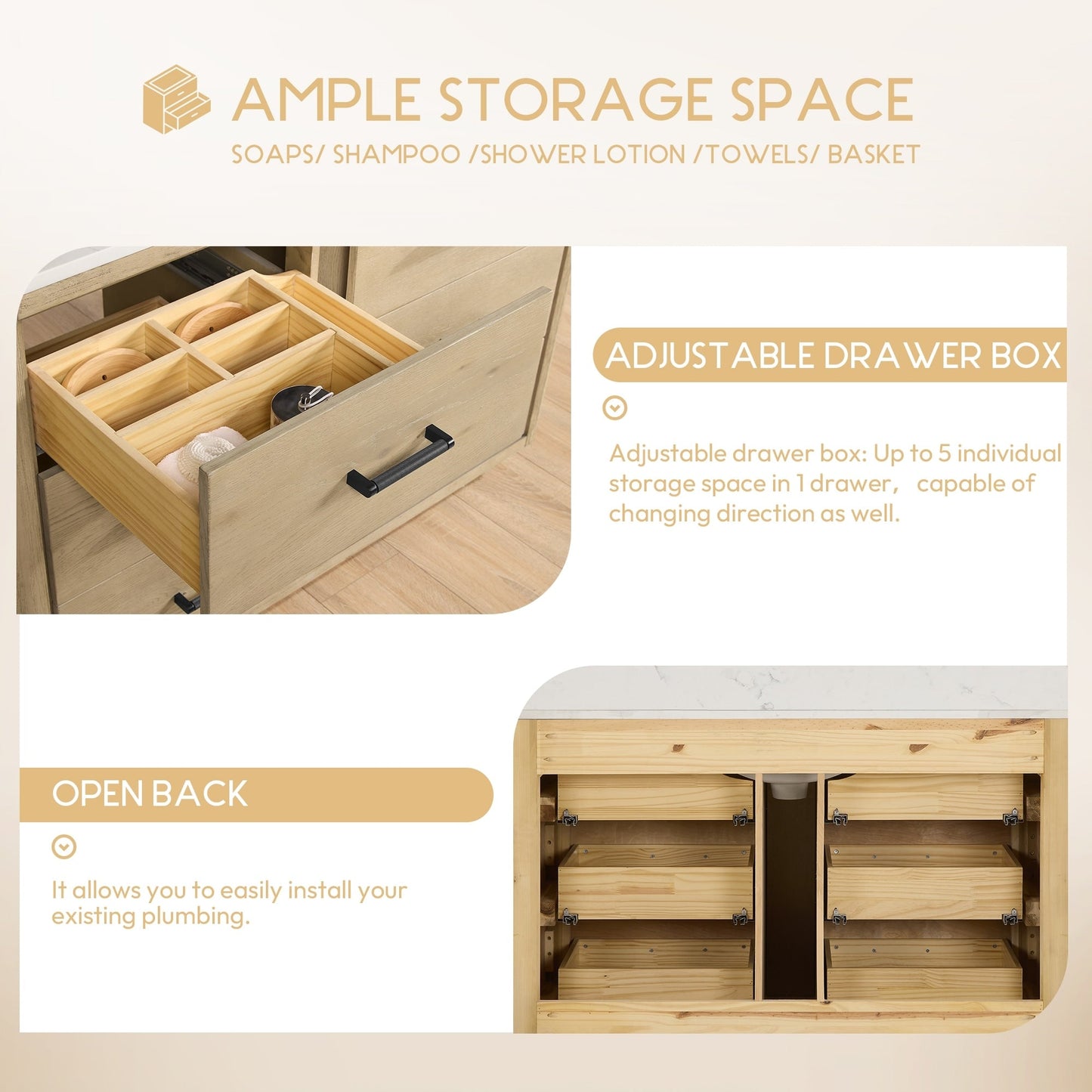 Meuble-lavabo Porto avec plan de travail en pierre de quartz blanche, sans miroir.