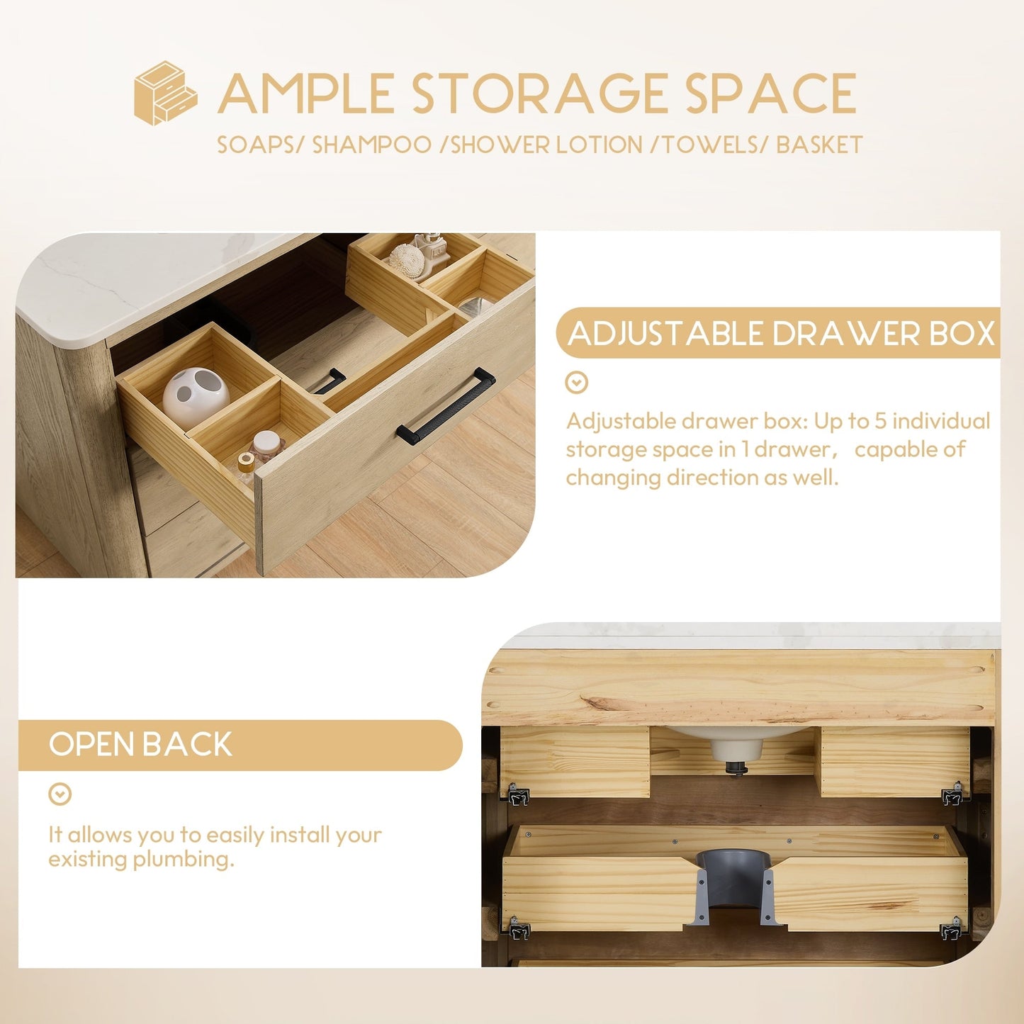 Meuble-lavabo Porto avec plan de travail en pierre de quartz blanche, sans miroir.