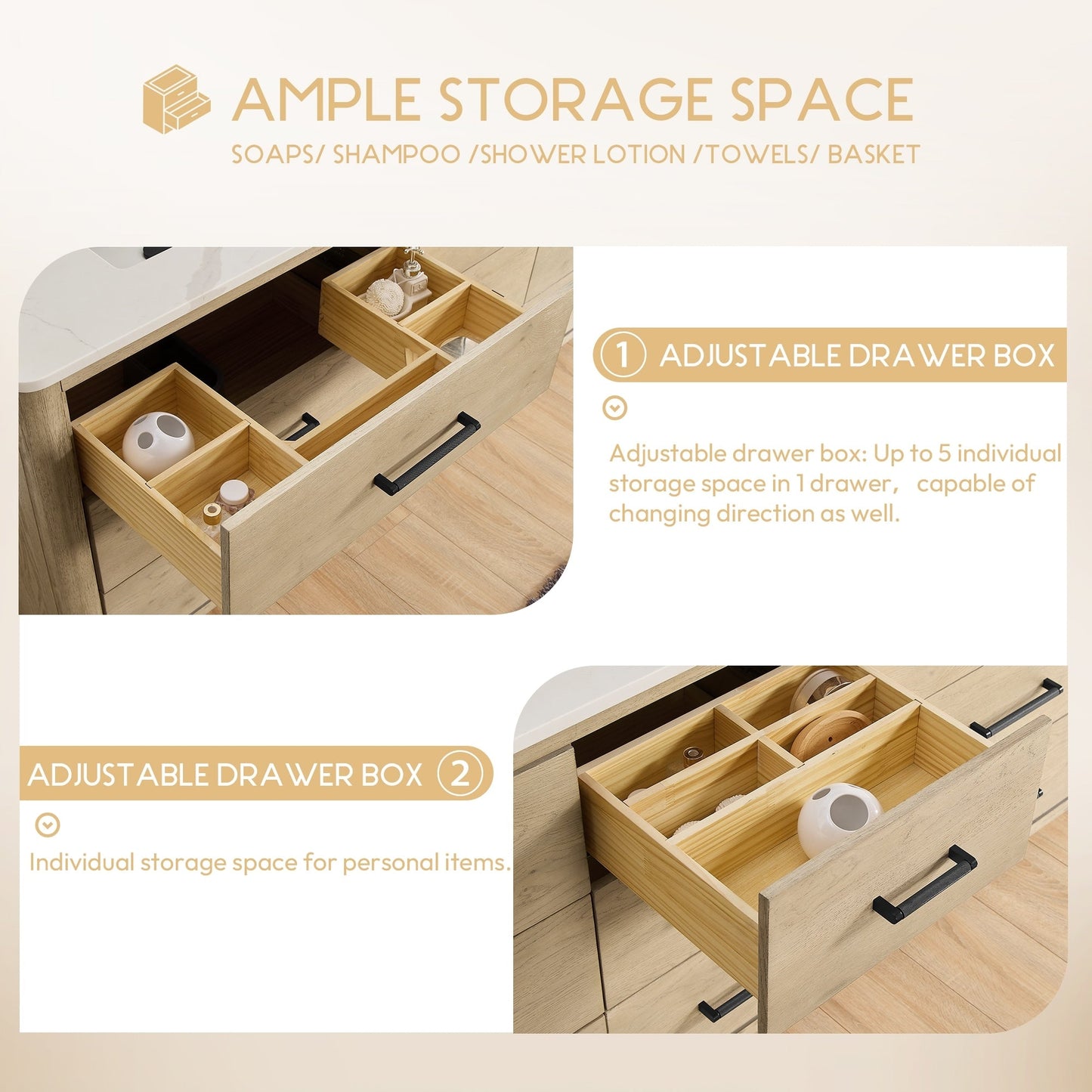 Meuble-lavabo Porto avec plan de travail en pierre de quartz blanche, sans miroir.