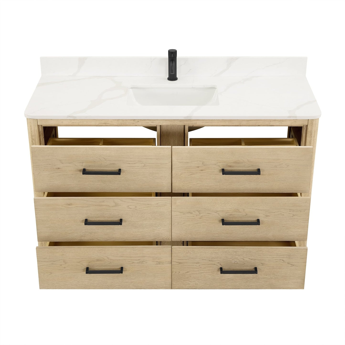 Meuble-lavabo Porto avec plan de travail en pierre de quartz blanche, sans miroir.