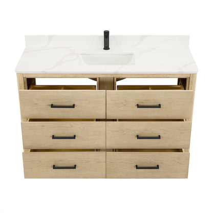 Meuble-lavabo Porto avec plan de travail en pierre de quartz blanche, sans miroir.