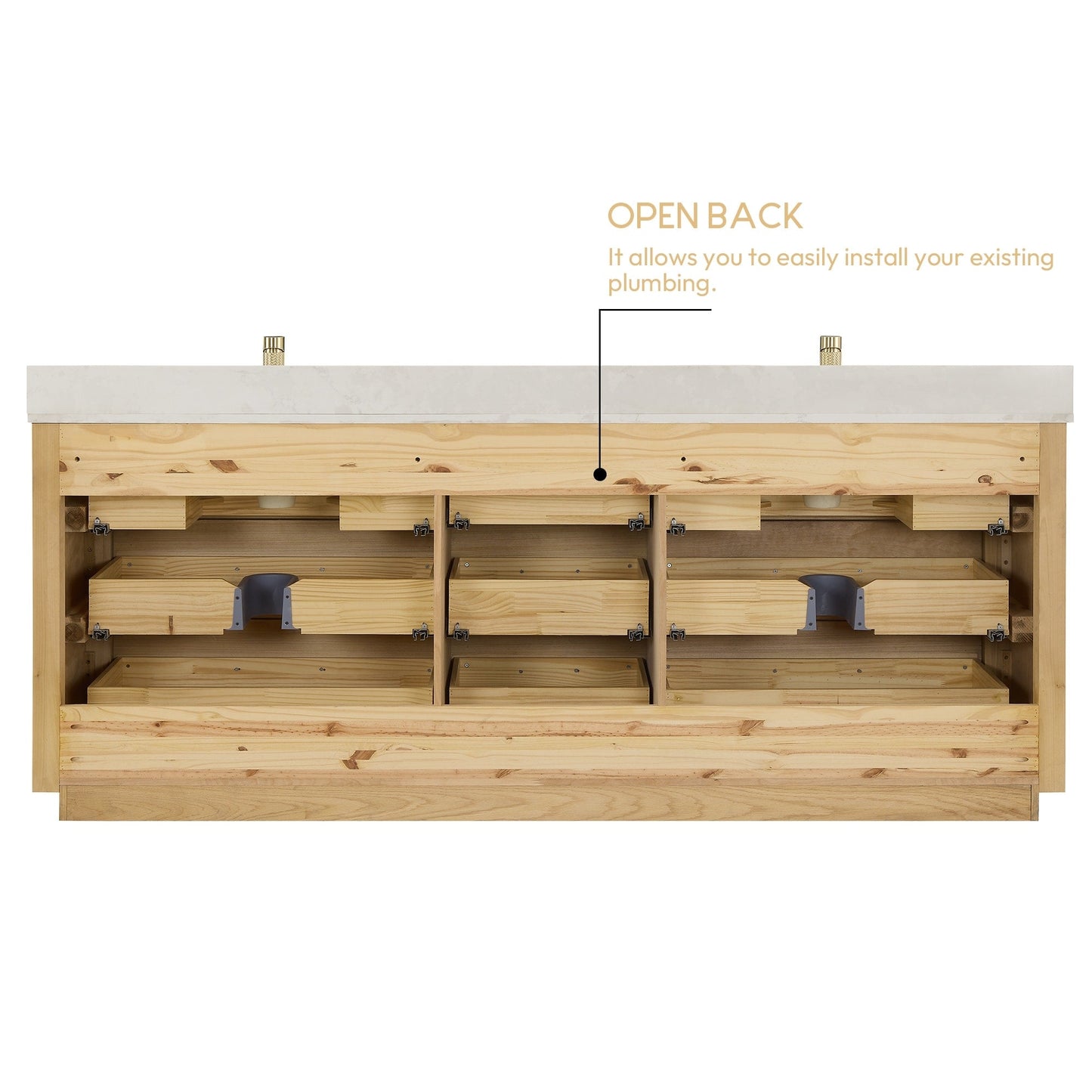 Meuble-lavabo Porto avec plan de travail en pierre de quartz blanche, sans miroir.