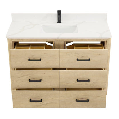 Meuble-lavabo Porto avec plan de travail en pierre de quartz blanche, sans miroir.