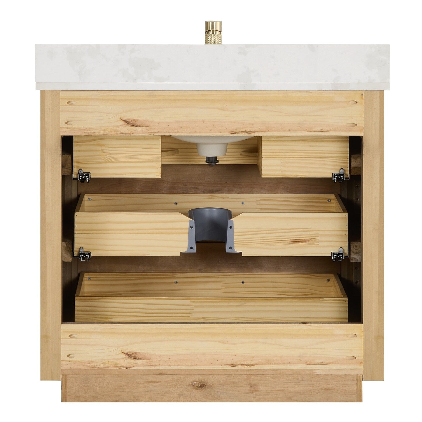 Meuble-lavabo Porto avec plan de travail en pierre de quartz blanche, sans miroir.