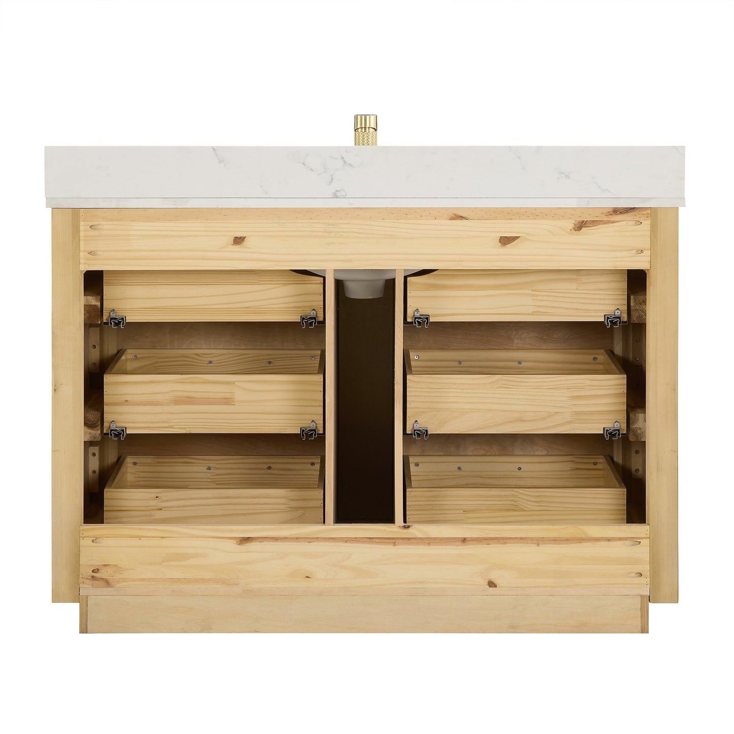 Meuble-lavabo Porto avec plan de travail en pierre de quartz blanche, sans miroir.