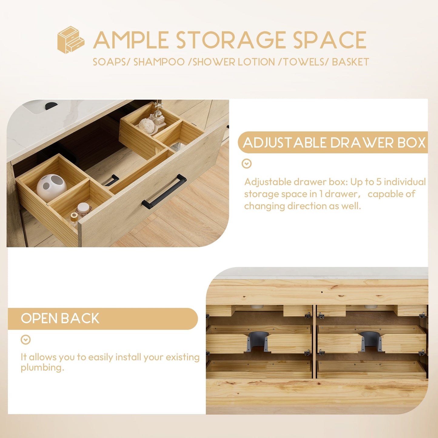 Meuble-lavabo Porto avec plan de travail en pierre de quartz blanche, sans miroir.