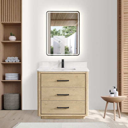 Meuble-lavabo Porto avec plan de travail en pierre de quartz blanche, sans miroir.