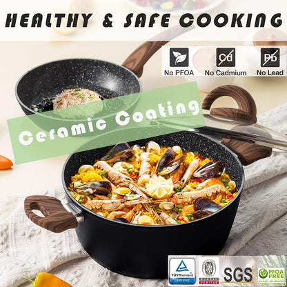 Ensemble de casseroles et poêles antiadhésives, ensemble de cuisine en céramique avec motifs, ensemble de cuisine à induction avec poêles, casseroles avec couvercles