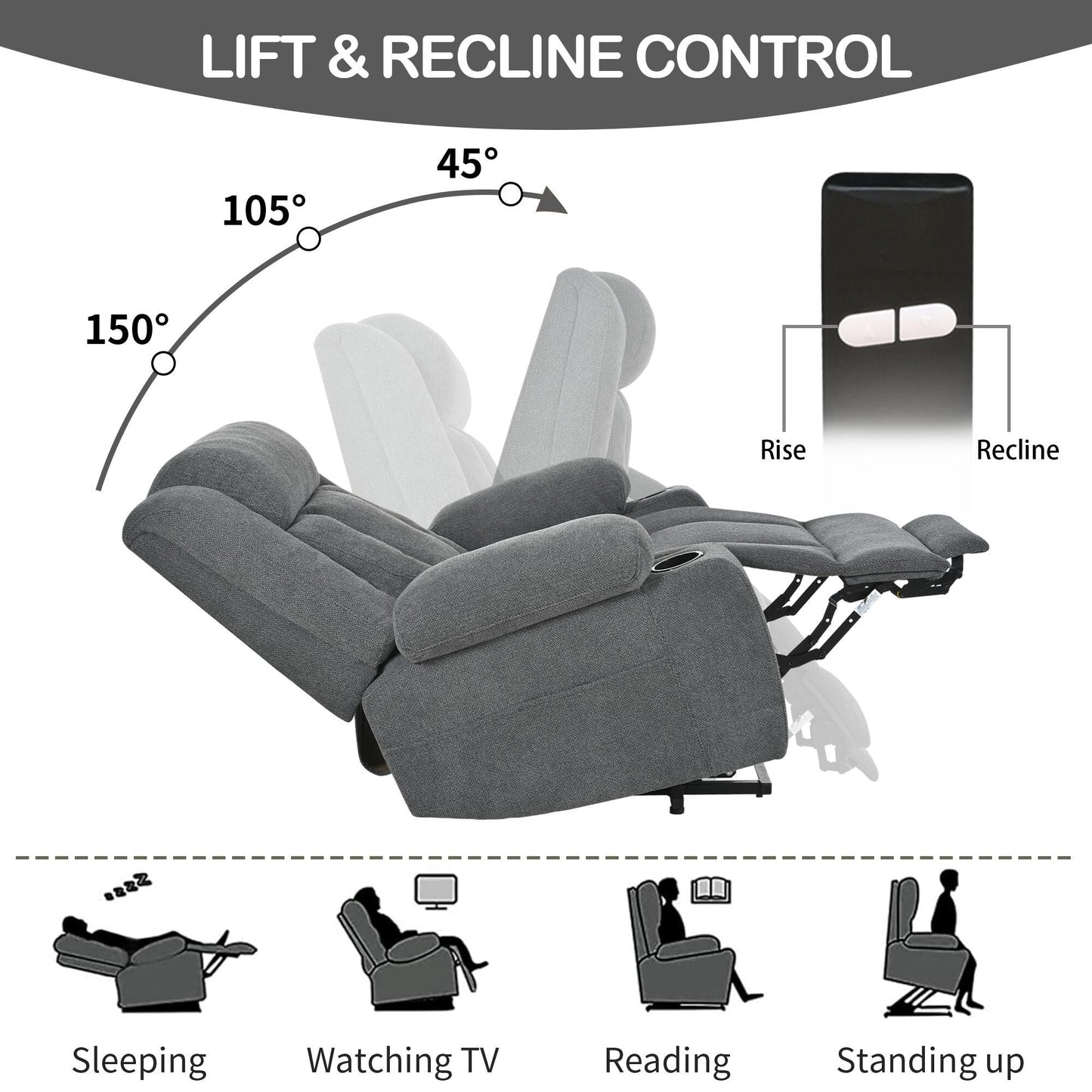 Fauteuil releveur électrique pour personnes âgées, fauteuils releveurs en tissu avec repose-pieds extensible, avec 2 porte-gobelets, poches latérales, télécommande.