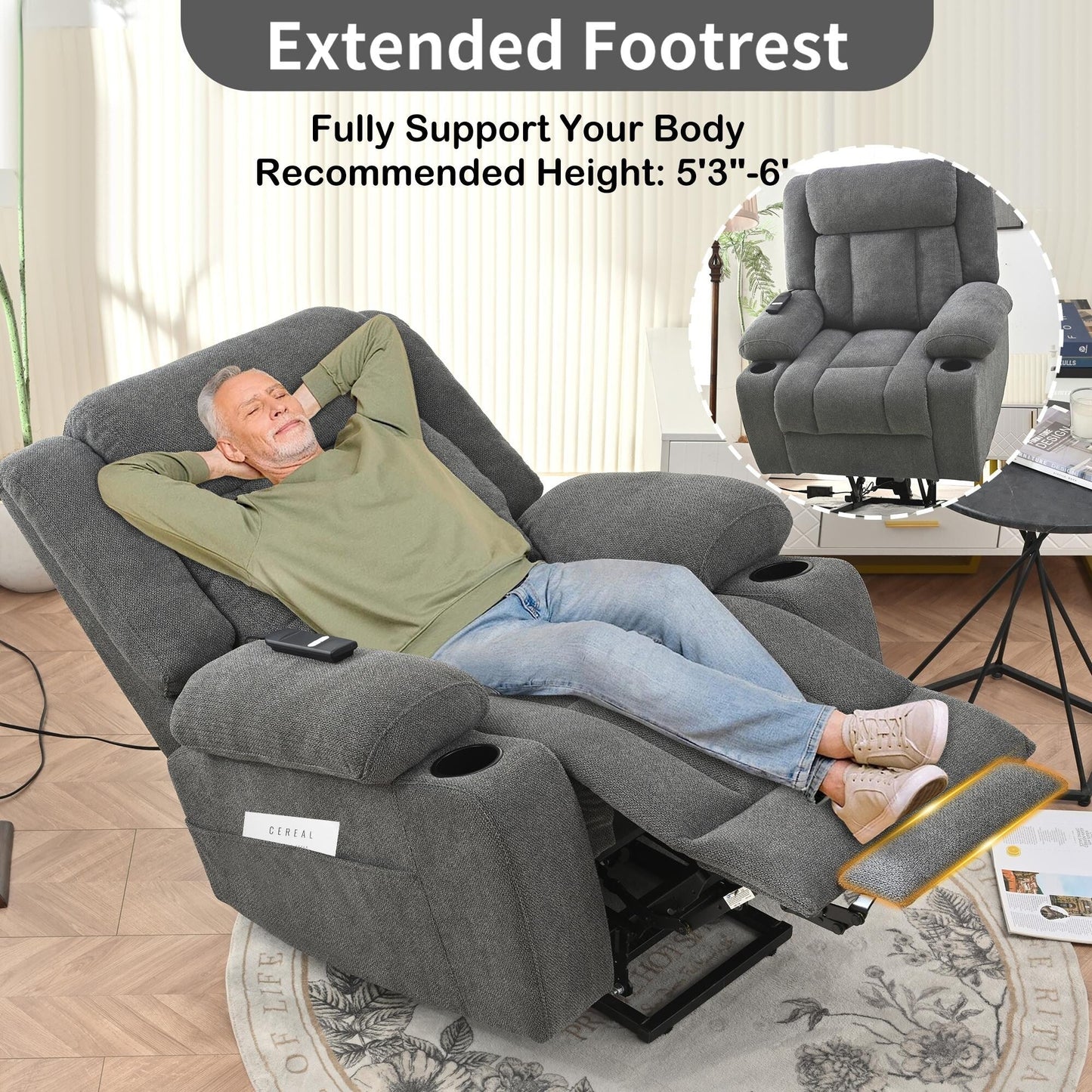 Fauteuil releveur électrique pour personnes âgées, fauteuils releveurs en tissu avec repose-pieds extensible, avec 2 porte-gobelets, poches latérales, télécommande.