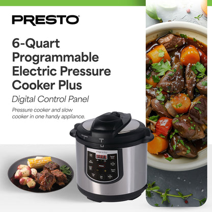 Casserole à pression électrique programmable Presto 02141 de 6 quarts, plus mijoteuse, argent