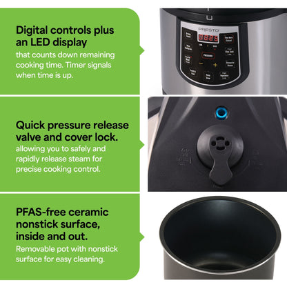 Casserole à pression électrique programmable Presto 02141 de 6 quarts, plus mijoteuse, argent