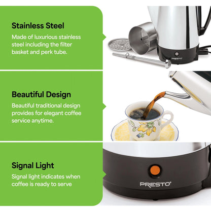 Cafetière Presto en acier inoxydable, percolateur robuste 12 tasses, argent - 2.79