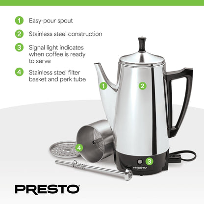 Cafetière Presto en acier inoxydable, percolateur robuste 12 tasses, argent - 2.79
