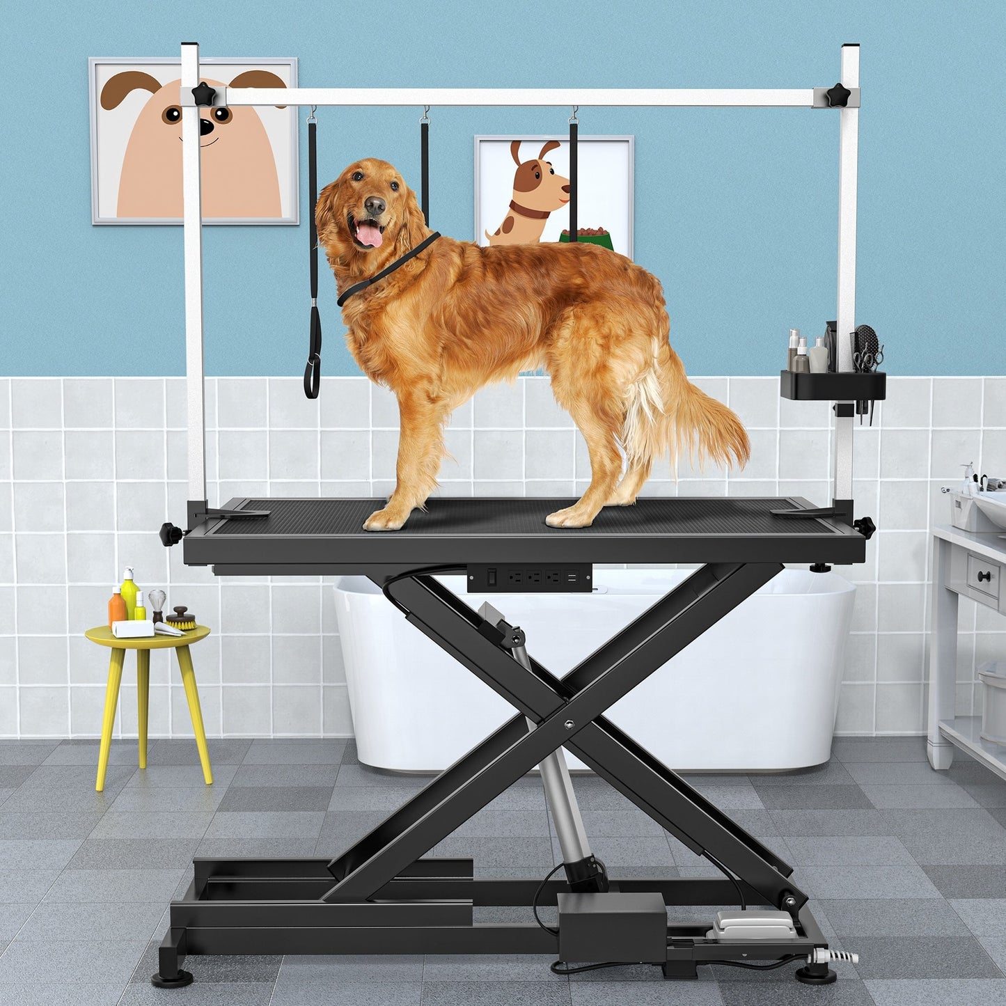 Table de toilettage électrique professionnelle pour chiens, pour grands chiens, table de toilettage pour animaux de compagnie robuste avec bras de toilettage en aluminium - 50''L