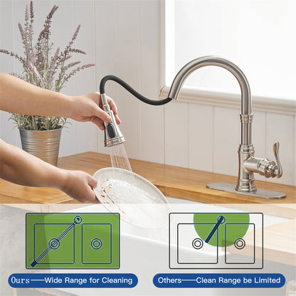 Robinet de cuisine à tirer, simple commande, moderne, à trou unique, avec lanceur d'eau rétractable, pour lavabo de cuisine, avec plaque de montage.