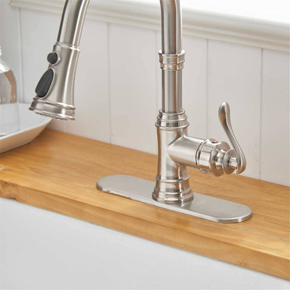 Robinet de cuisine à tirer, simple commande, moderne, à trou unique, avec lanceur d'eau rétractable, pour lavabo de cuisine, avec plaque de montage.