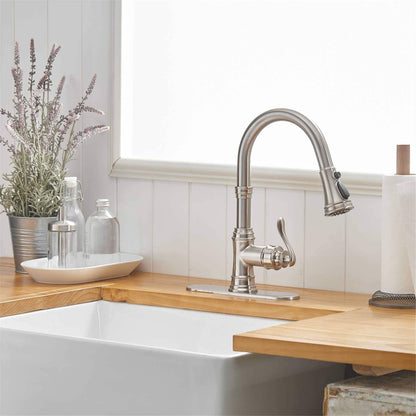 Robinet de cuisine à tirer, simple commande, moderne, à trou unique, avec lanceur d'eau rétractable, pour lavabo de cuisine, avec plaque de montage.