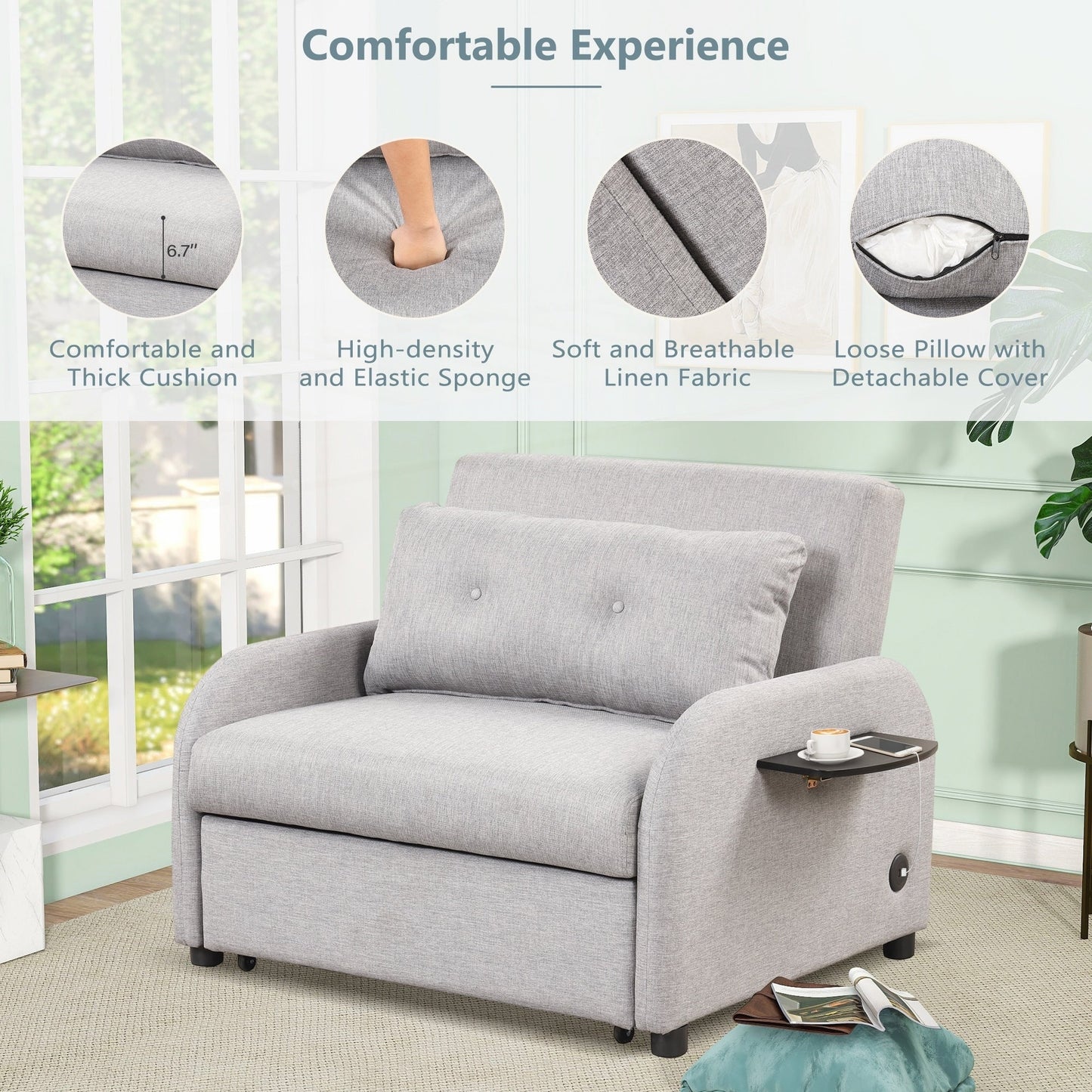 Canapé-lit escamotable 3 en 1 avec 2 tables d'appoint