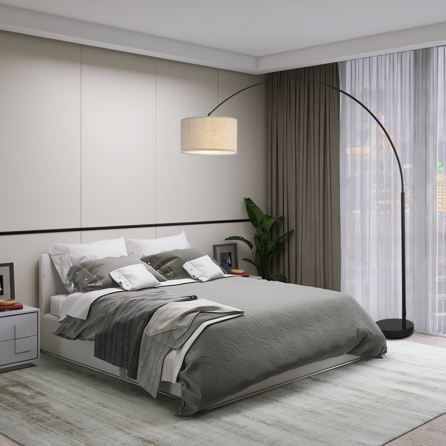 Lampe de sol à arche réglable en acier Q-Max 81 avec abat-jour extra large et socle en marbre