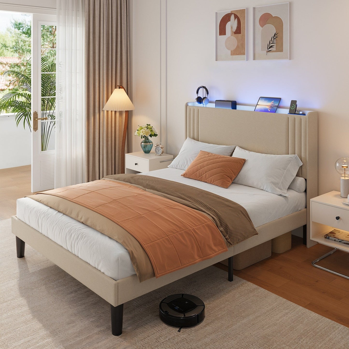 Lit capitonné avec chevet à oreilles et capitonnage vertical, taille Queen/Double