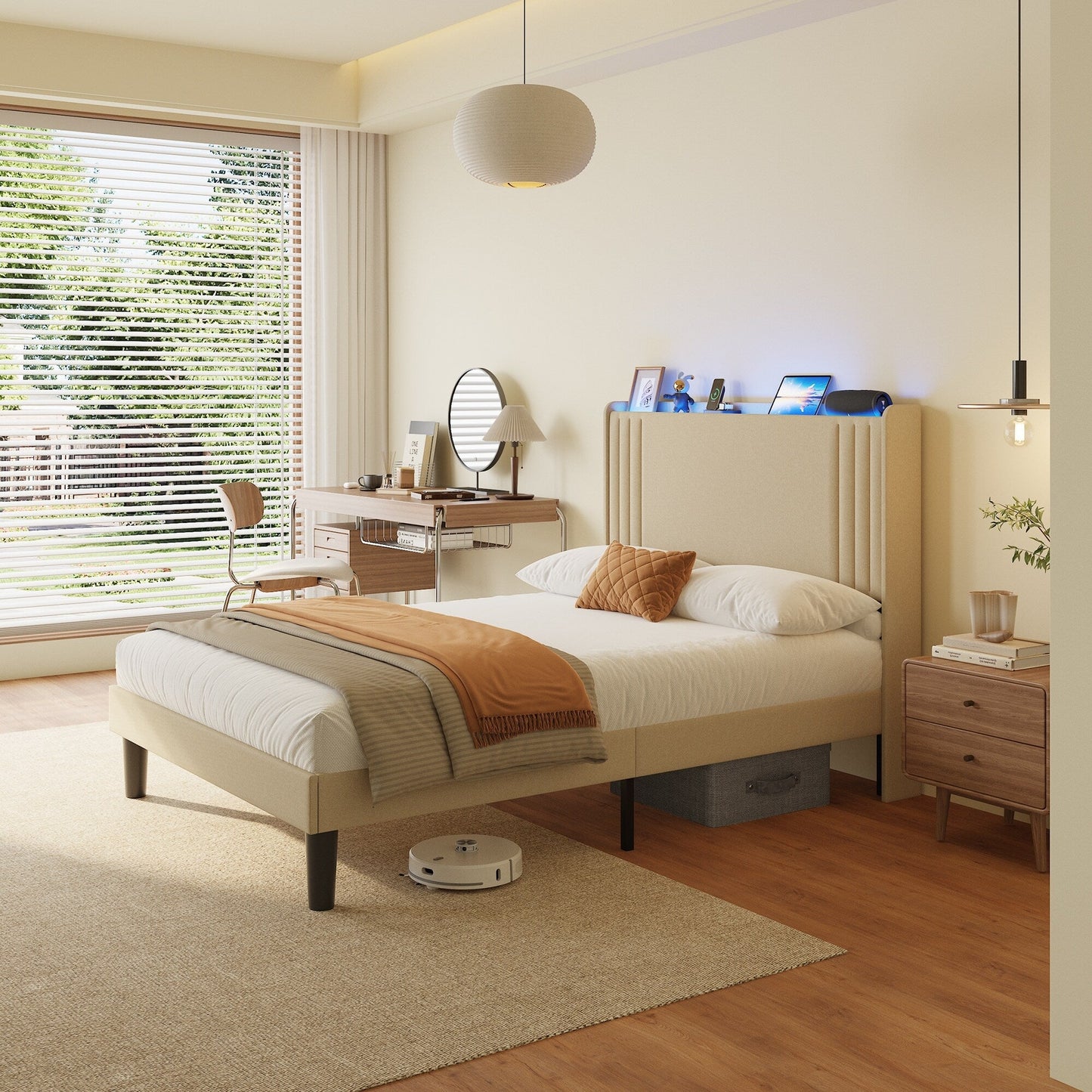 Lit capitonné avec chevet à oreilles et capitonnage vertical, taille Queen/Double