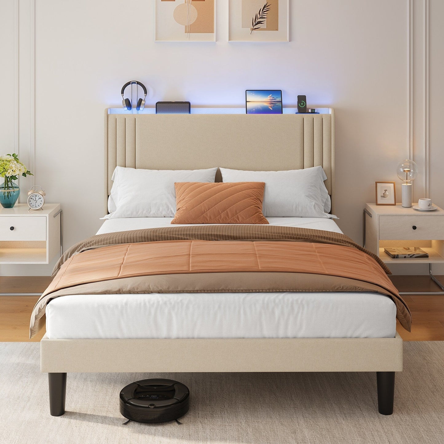 Lit capitonné avec chevet à oreilles et capitonnage vertical, taille Queen/Double