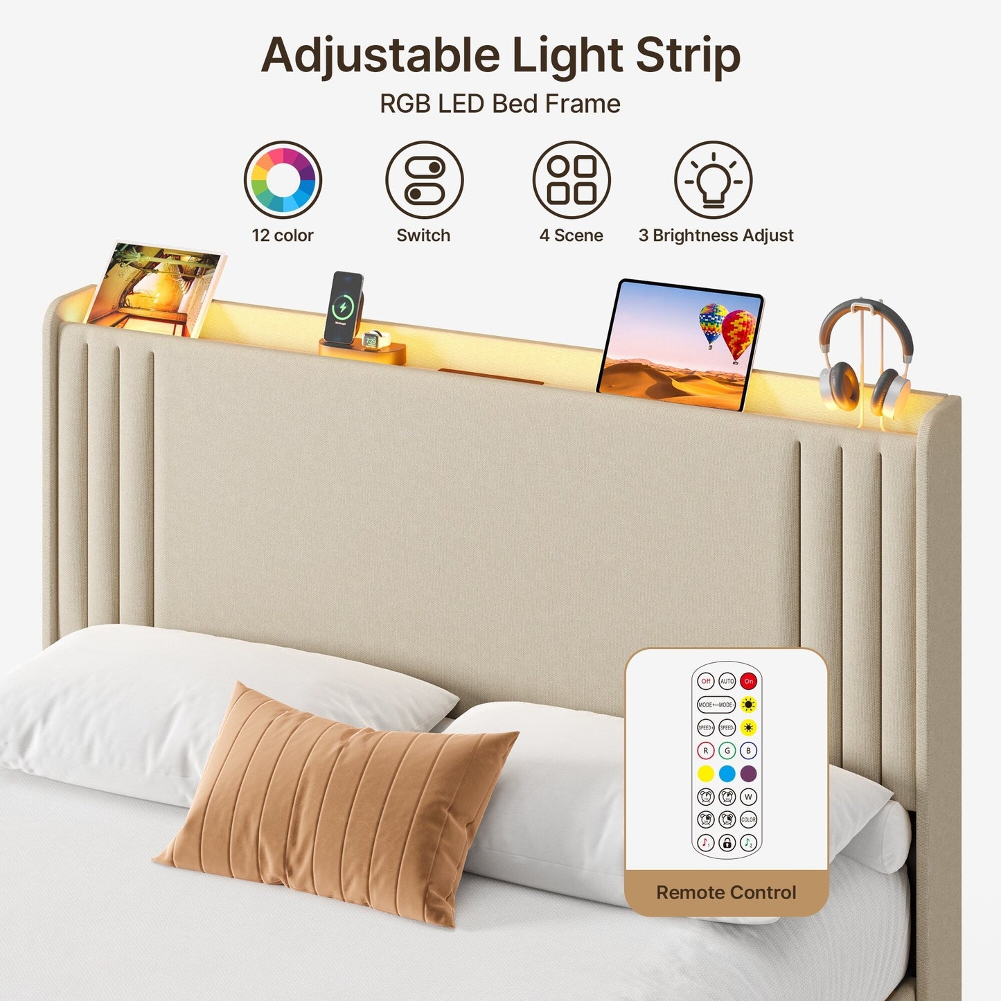 Lit capitonné avec chevet à oreilles et capitonnage vertical, taille Queen/Double