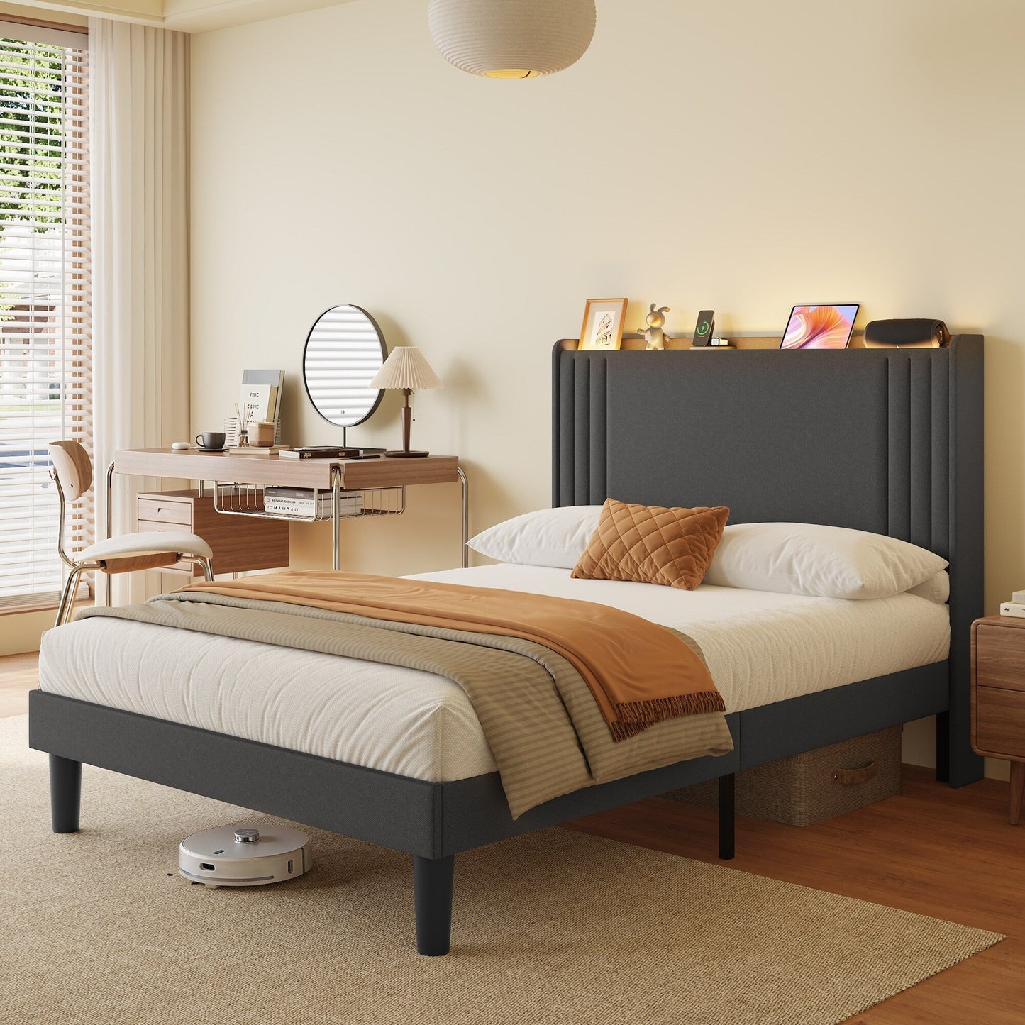 Lit capitonné avec chevet à oreilles et capitonnage vertical, taille Queen/Double