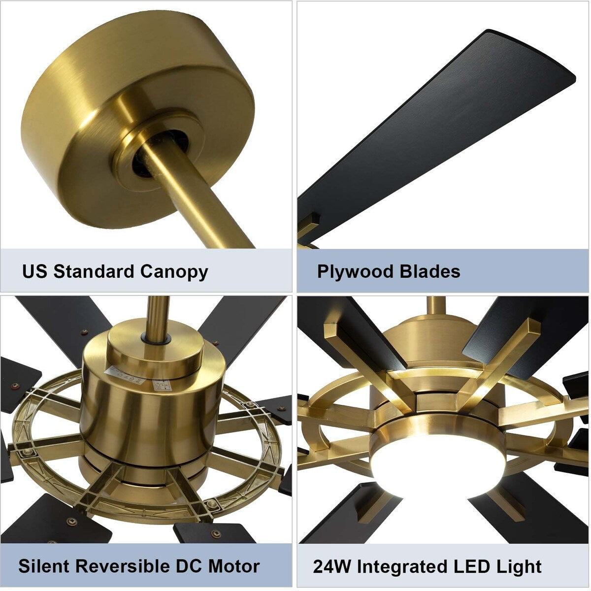 Ventilateur de plafond à télécommande avec éclairage, 8 pales en bois de grande taille