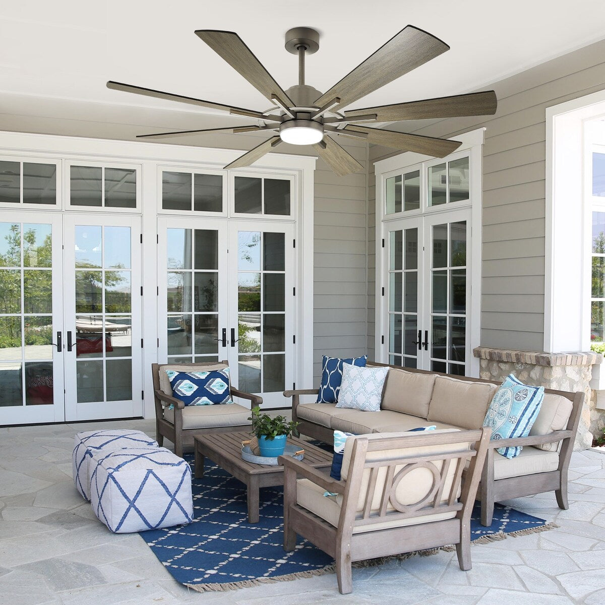 Ventilateur de plafond à télécommande avec éclairage, 8 pales en bois de grande taille