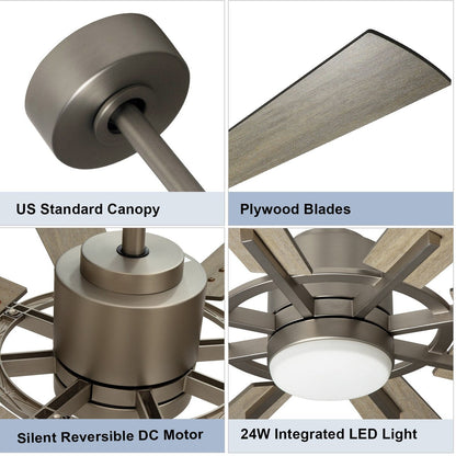 Ventilateur de plafond à télécommande avec éclairage, 8 pales en bois de grande taille