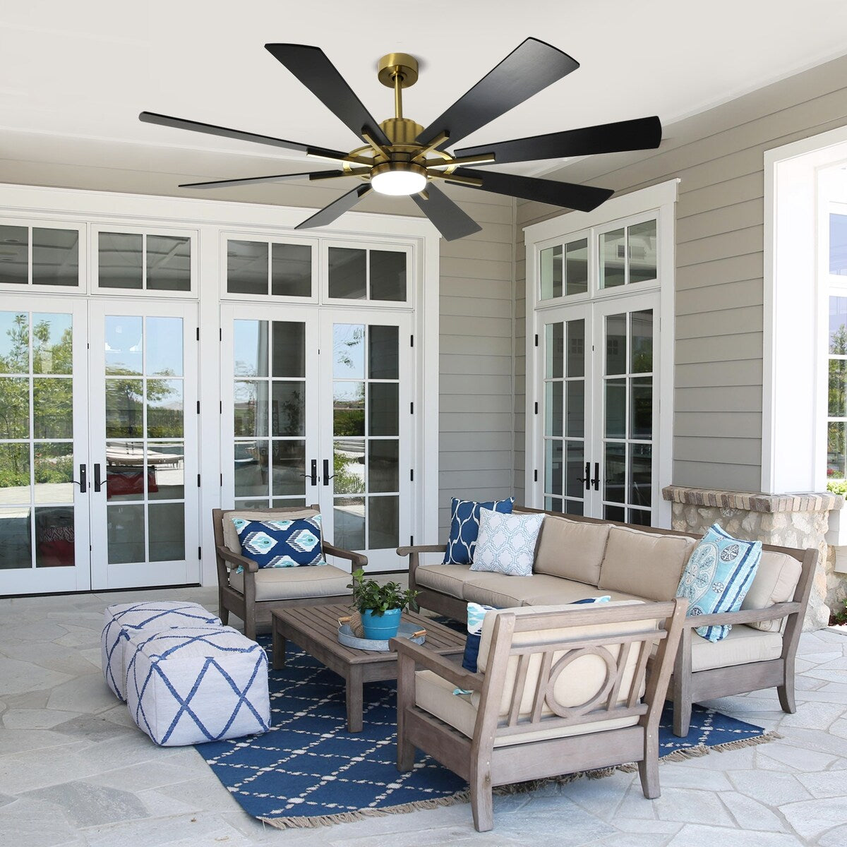 Ventilateur de plafond à télécommande avec éclairage, 8 pales en bois de grande taille