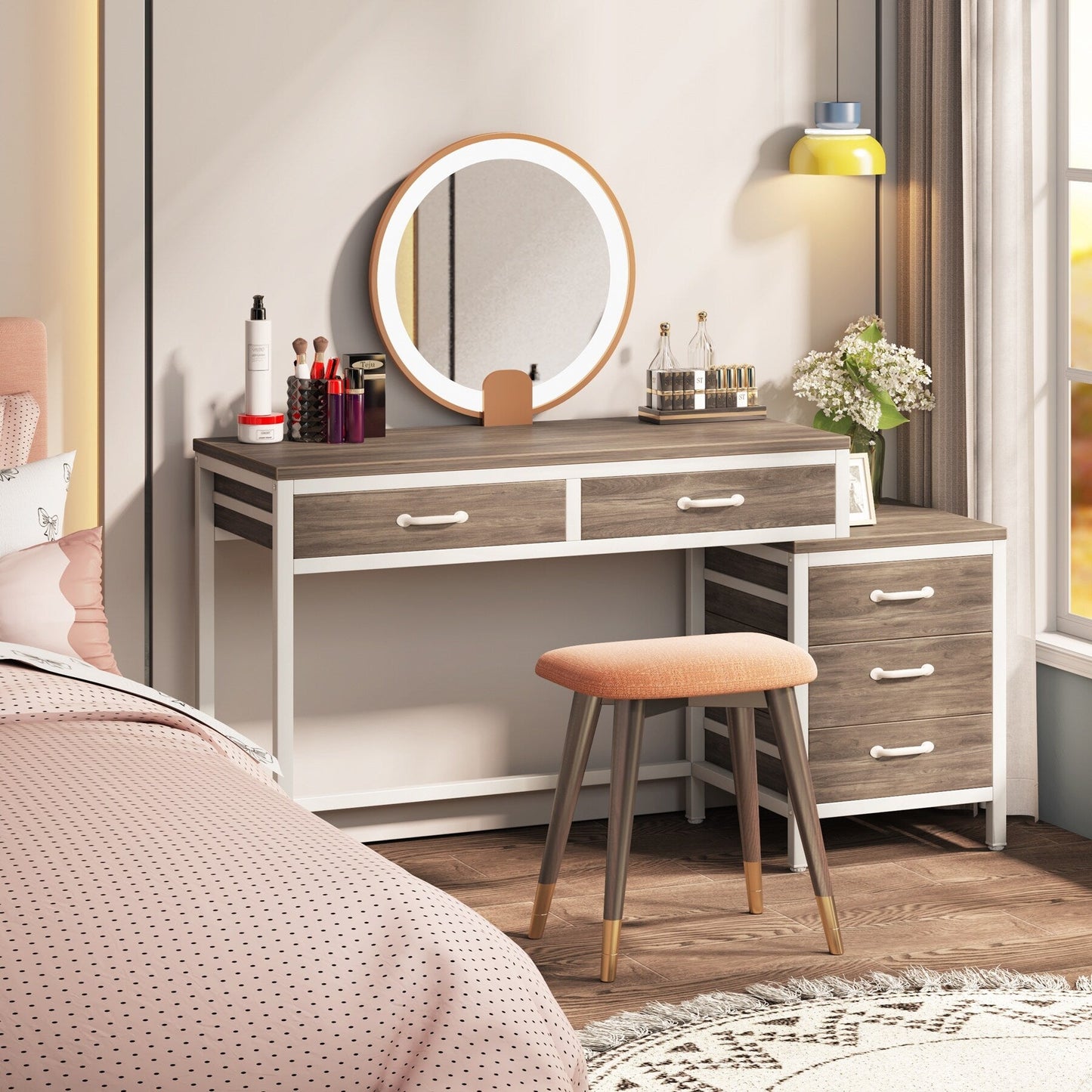 Bureau d'ordinateur réversible avec 5 tiroirs, bureau de travail à domicile avec tiroir pour classeur et support pour imprimante