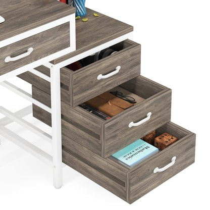 Bureau d'ordinateur réversible avec 5 tiroirs, bureau de travail à domicile avec tiroir pour classeur et support pour imprimante