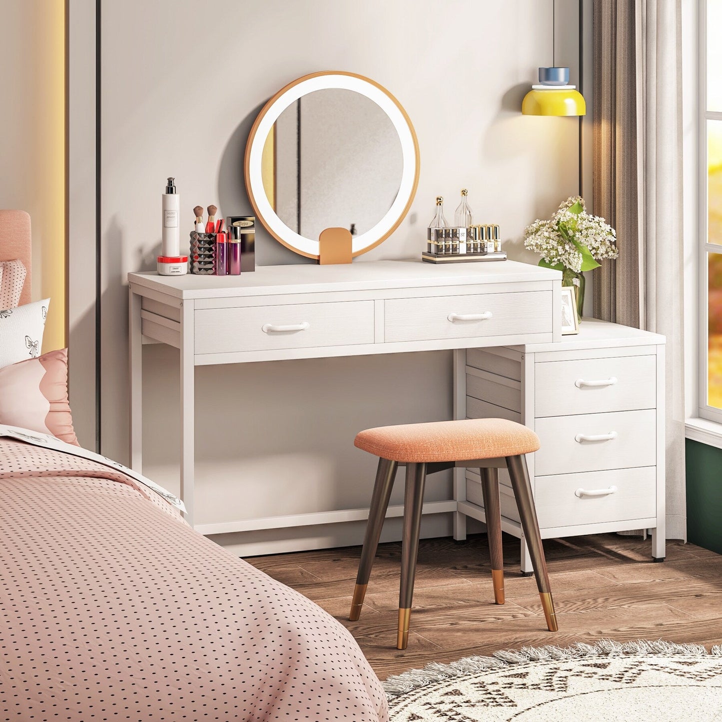 Bureau d'ordinateur réversible avec 5 tiroirs, bureau de travail à domicile avec tiroir pour classeur et support pour imprimante