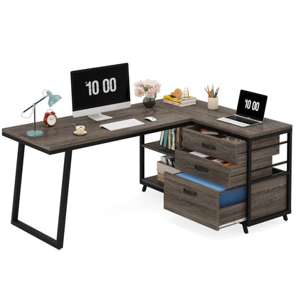 Bureau en forme de L réversible avec tiroirs à dossiers, bureau d'ordinateur d'angle