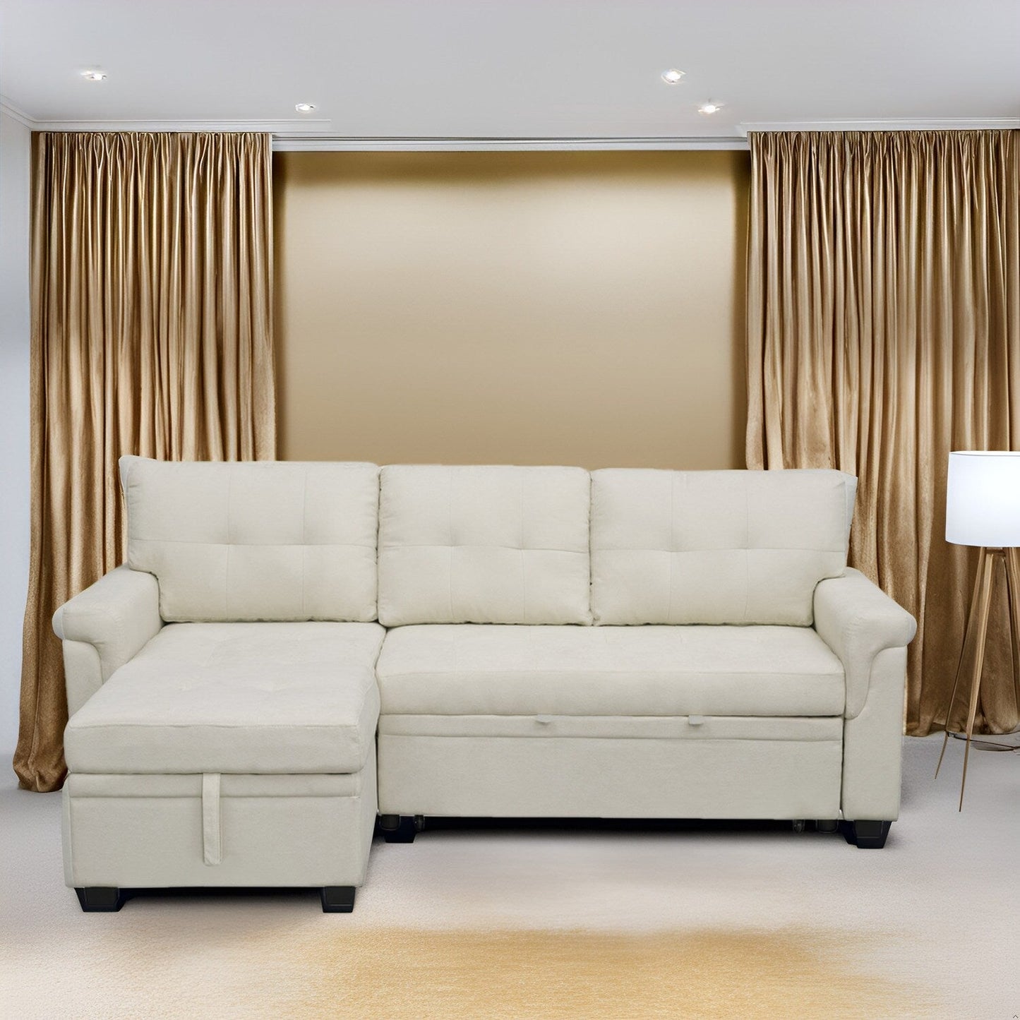 Canapé d'angle réversible avec lit escamotable, chaise longue avec rangement intégré, pieds robustes,