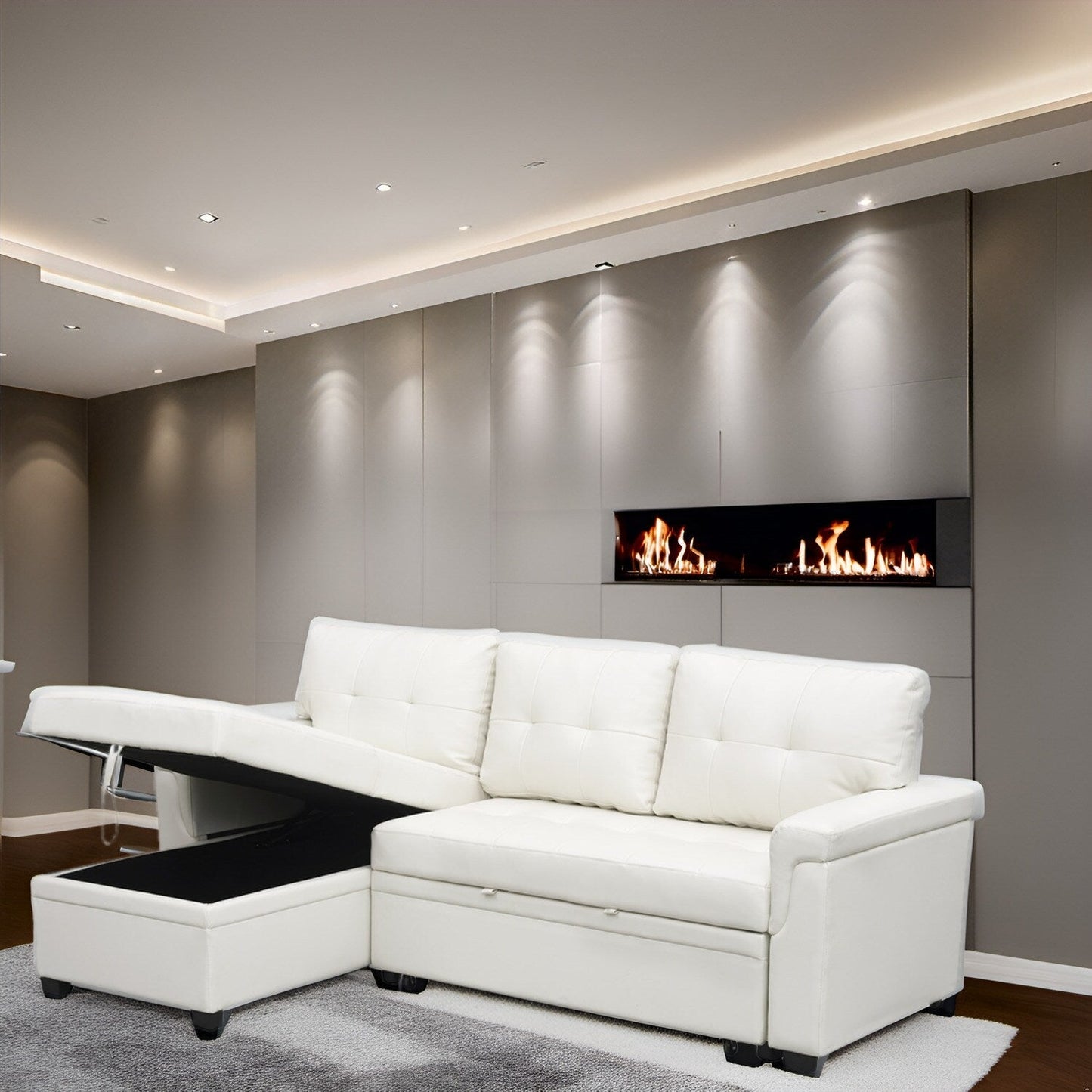 Canapé d'angle réversible avec lit escamotable, chaise longue avec rangement intégré, pieds robustes,