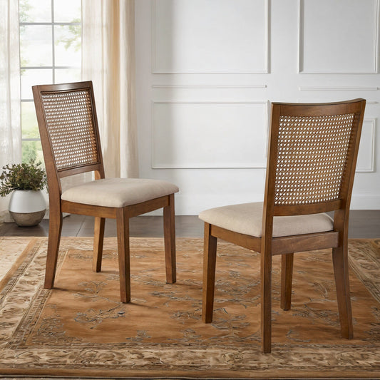 Chaises de salle à manger Ronda en lin beige avec dossier en rotin (lot de 2)