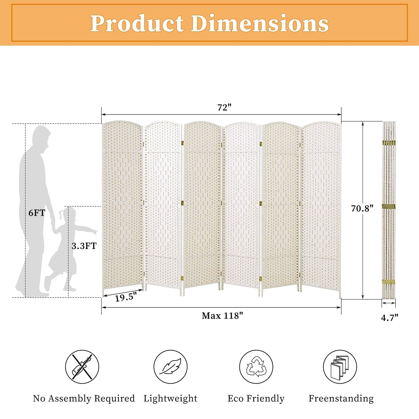 Paravent pliable, séparateur de pièce, hauteur 1,8 m, en fibre tressée, à poser au sol, pour plus d'intimité