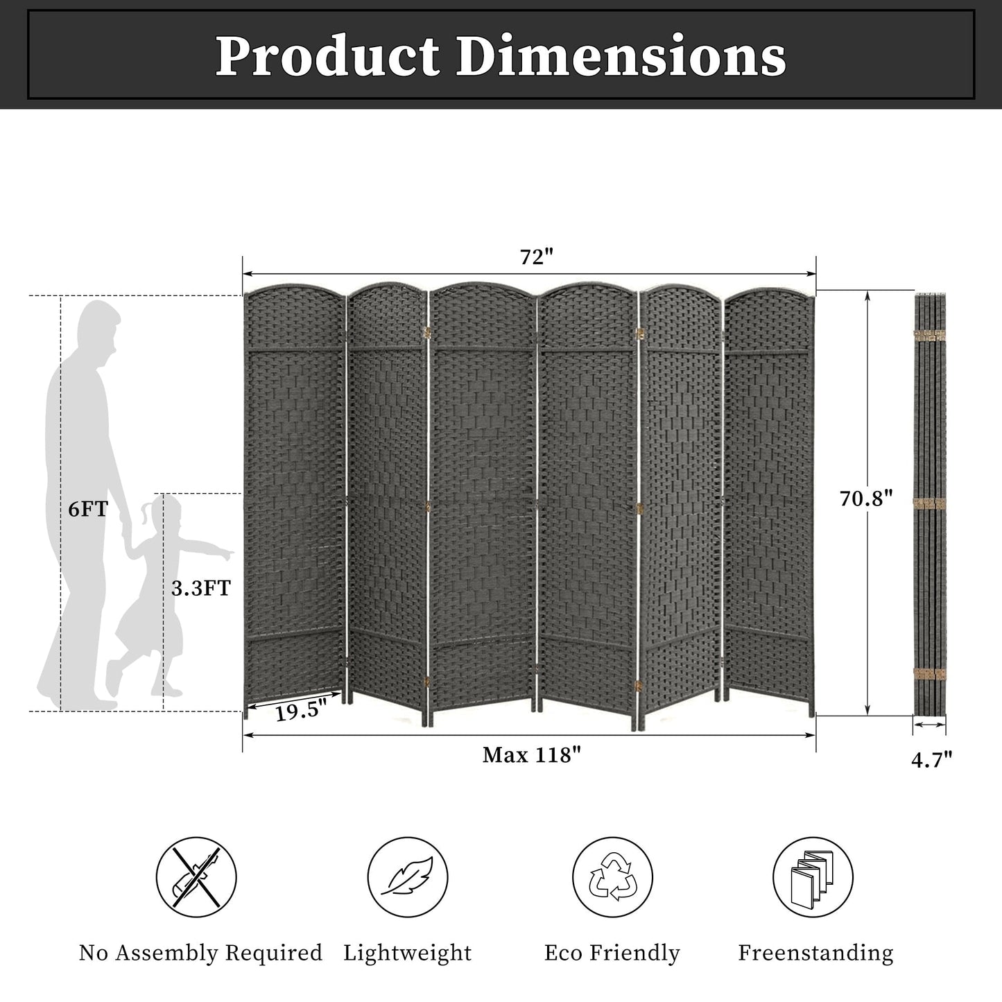 Paravent pliable, séparateur de pièce, hauteur 1,8 m, en fibre tressée, à poser au sol, pour plus d'intimité