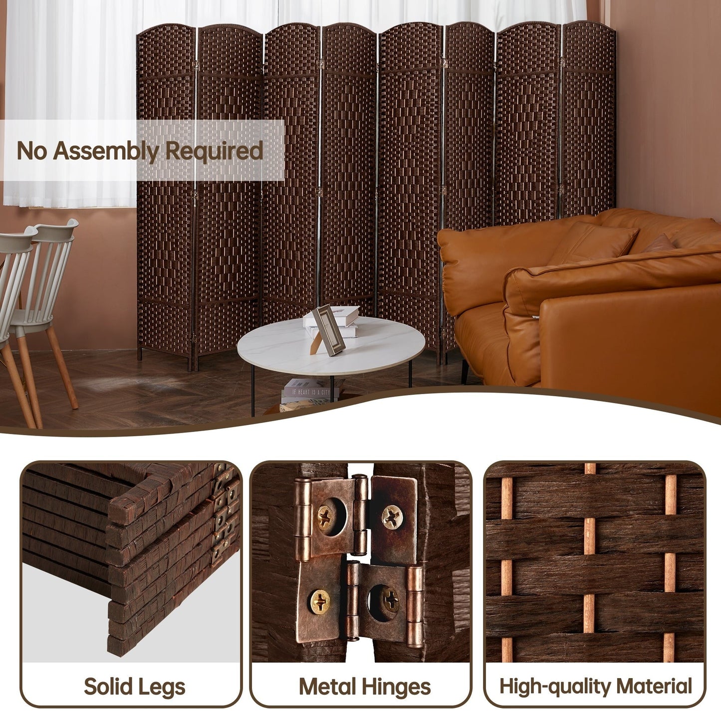 Paravent pliable, séparateur de pièce, hauteur 1,8 m, en fibre tressée, à poser au sol, pour plus d'intimité