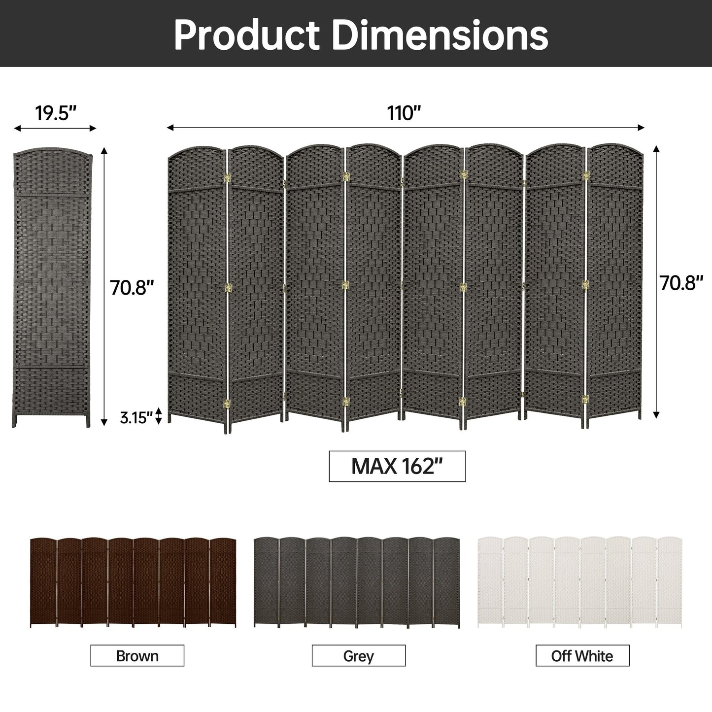 Paravent pliable, séparateur de pièce, hauteur 1,8 m, en fibre tressée, à poser au sol, pour plus d'intimité
