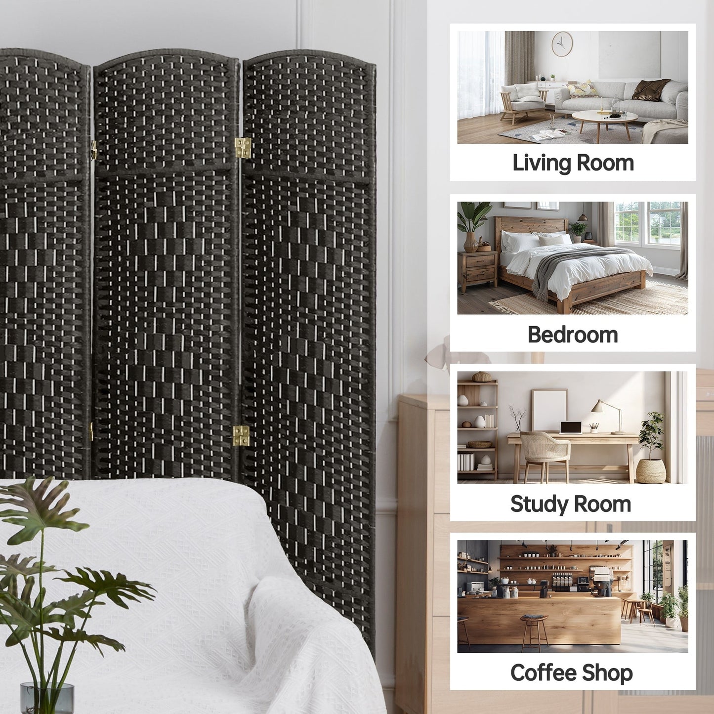 Paravent pliable, séparateur de pièce, hauteur 1,8 m, en fibre tressée, à poser au sol, pour plus d'intimité