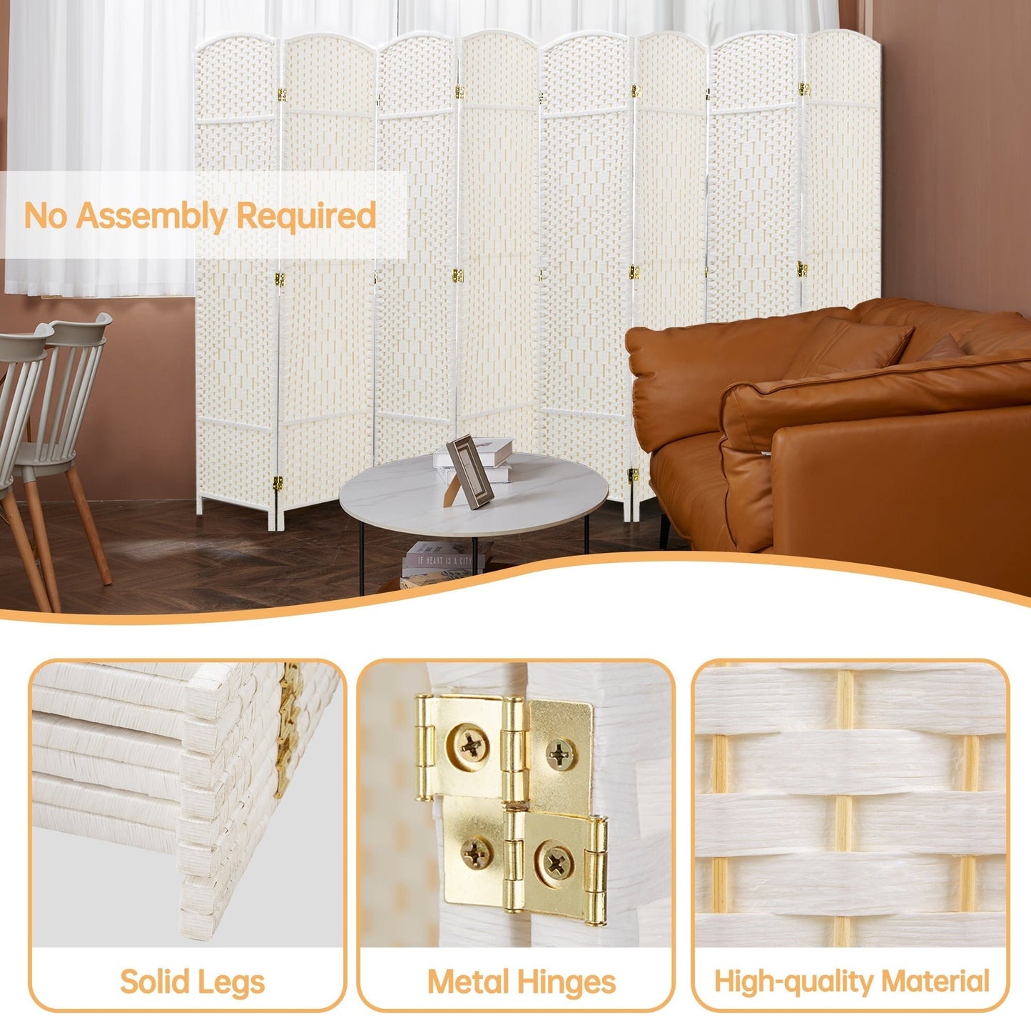 Paravent pliable, séparateur de pièce, hauteur 1,8 m, en fibre tressée, à poser au sol, pour plus d'intimité